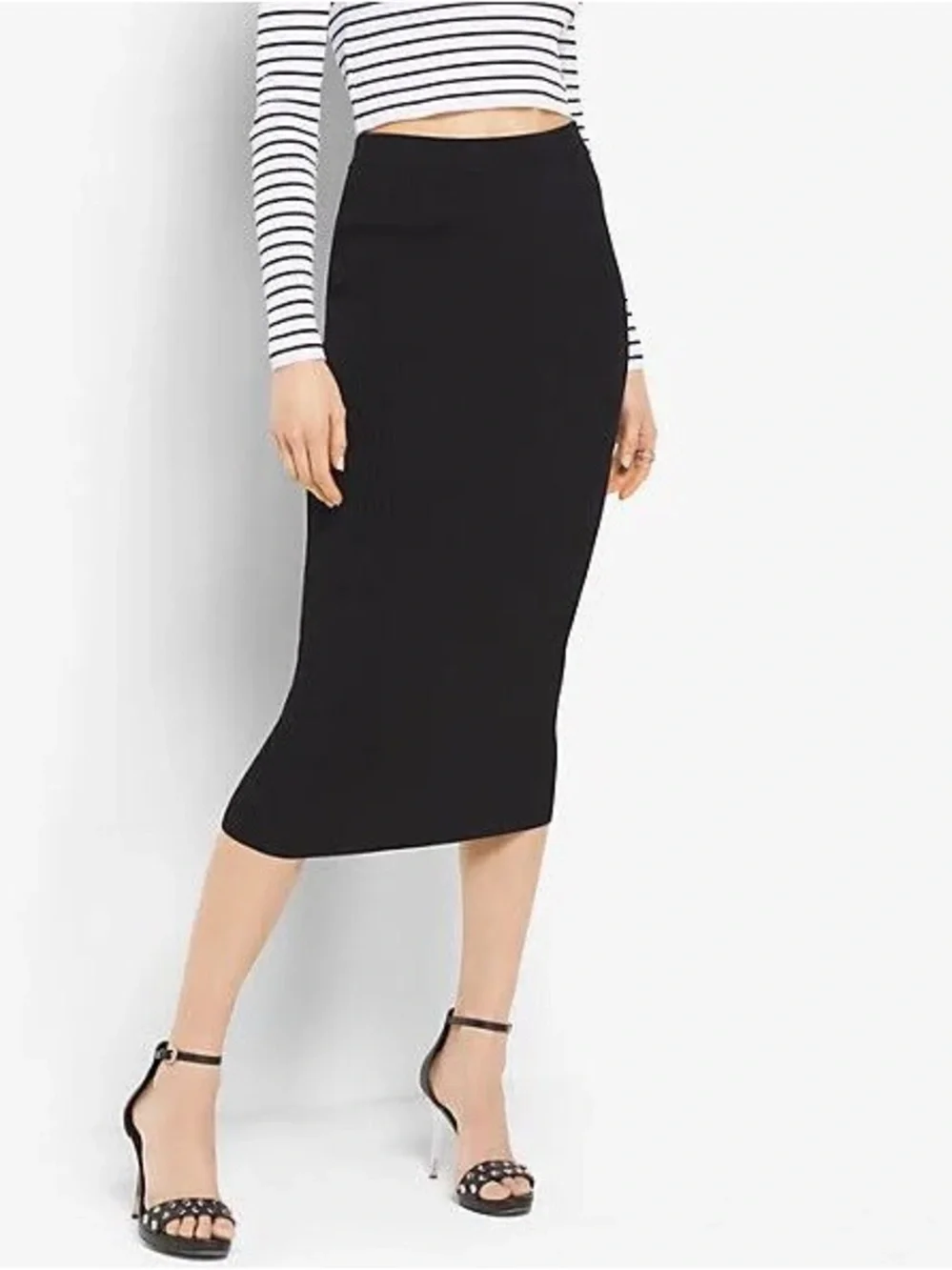 Michael Kors black ribbed knit elastic pencil midi skirt